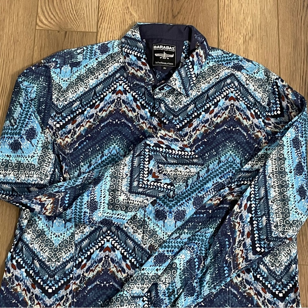 Barabas Tribal Print Long Sleeve‎ Blue Button Down Shirt Herringbone